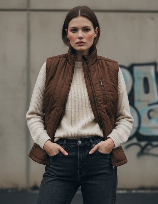 a woman standing in front of a wall wearing a brown vest