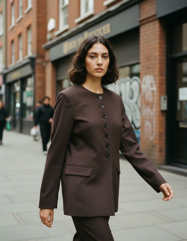 a woman in a brown suit walking down a street