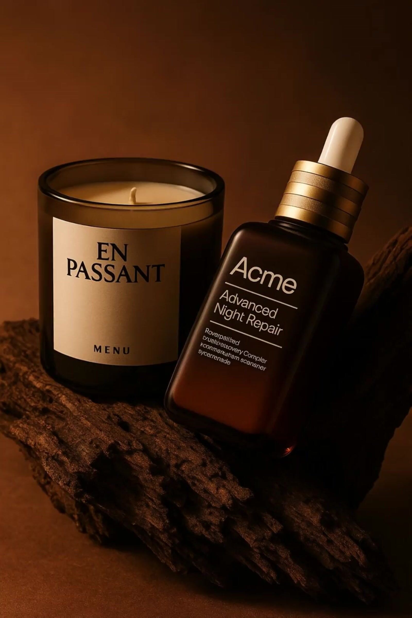 a candle and a bottle of perfume sitting on a piece of wood