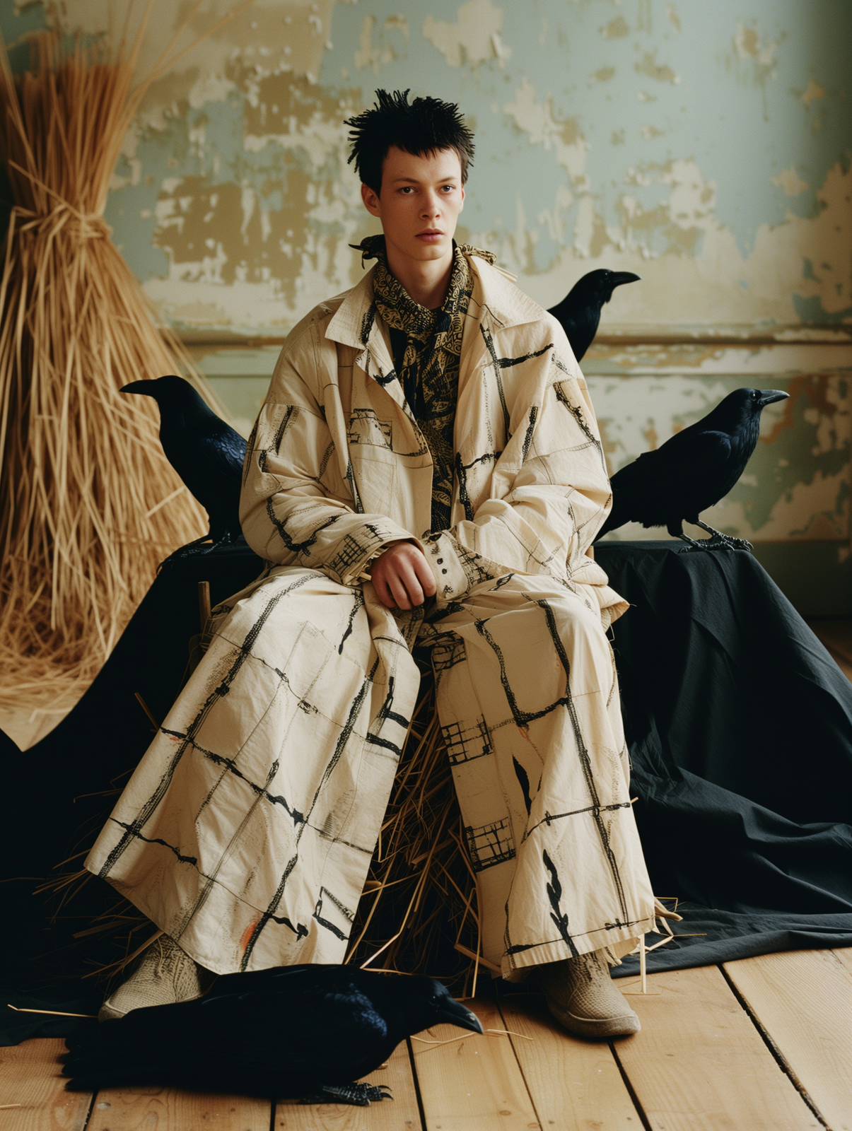 a man sitting on top of a wooden floor next to two birds