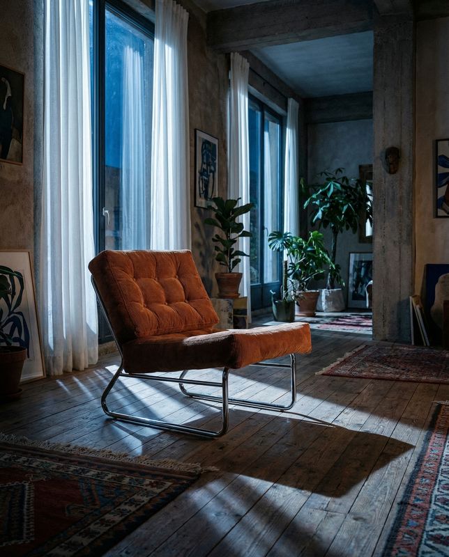 a chair sitting in front of a window in a living room