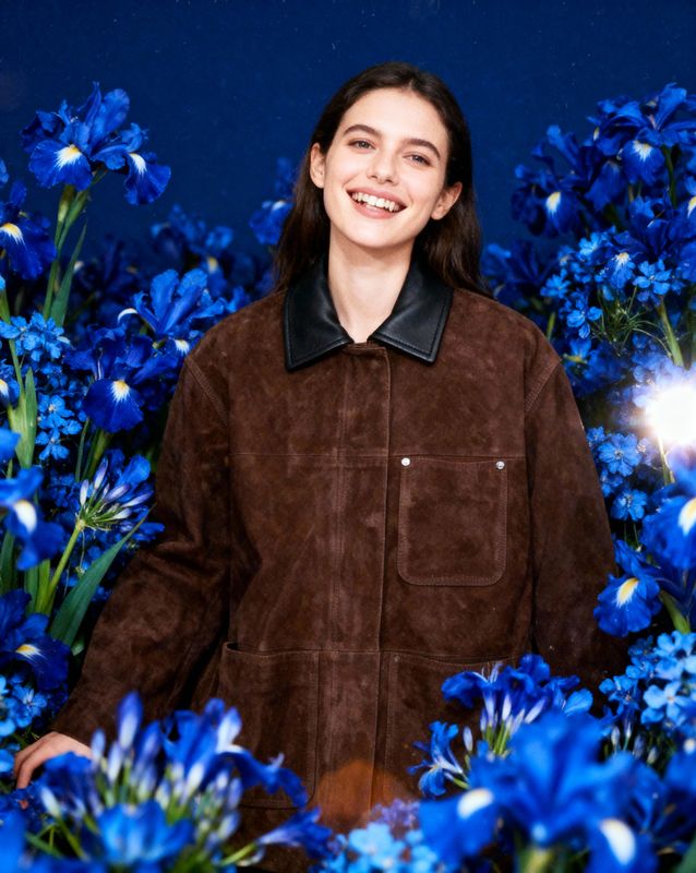 a woman standing in front of blue flowers