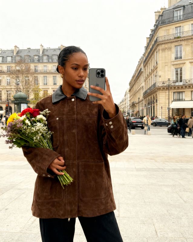 a woman taking a picture of herself with a cell phone