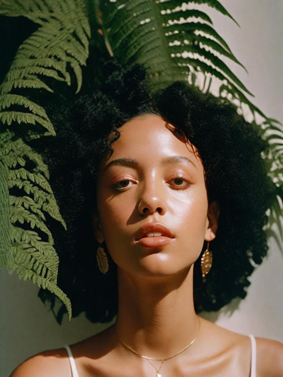 a woman with a large green plant behind her