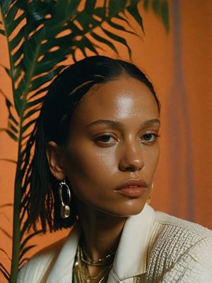 a woman in a white jacket and a plant