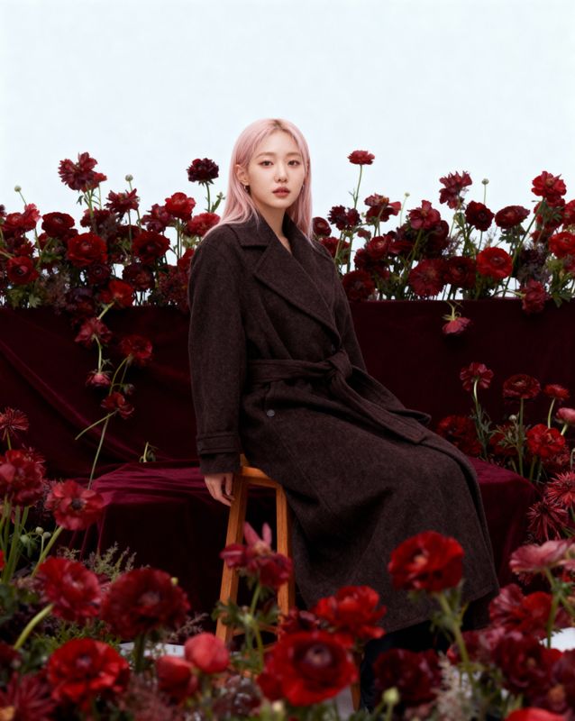a woman sitting on a chair in a field of flowers