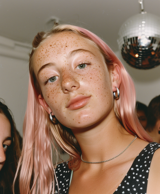 a woman with freckles on her face and pink hair