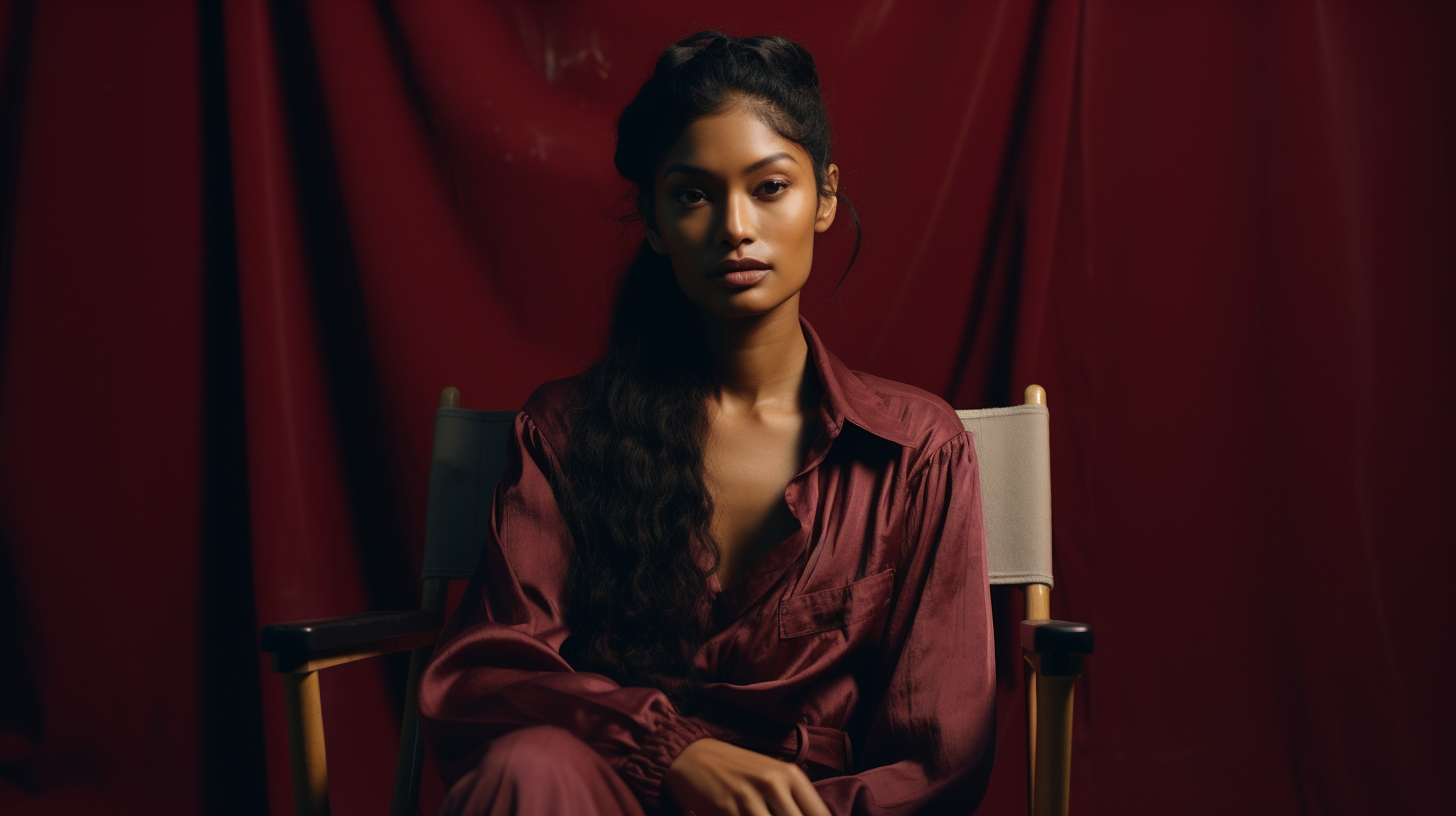 a woman sitting in a chair in front of a red curtain