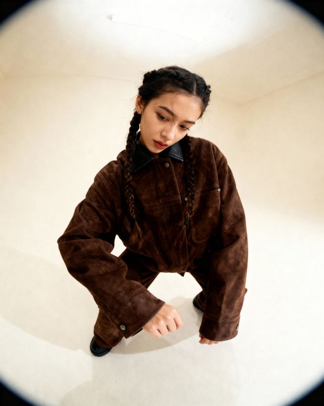 a woman sitting on the ground wearing a brown jacket