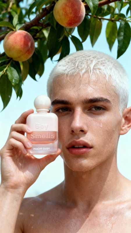 a shirtless man holding a bottle of perfume in front of a tree