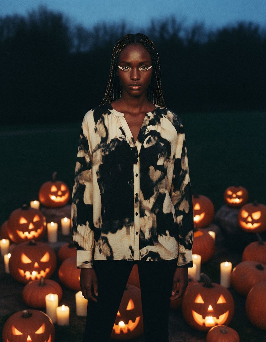 a woman standing in front of a lot of pumpkins