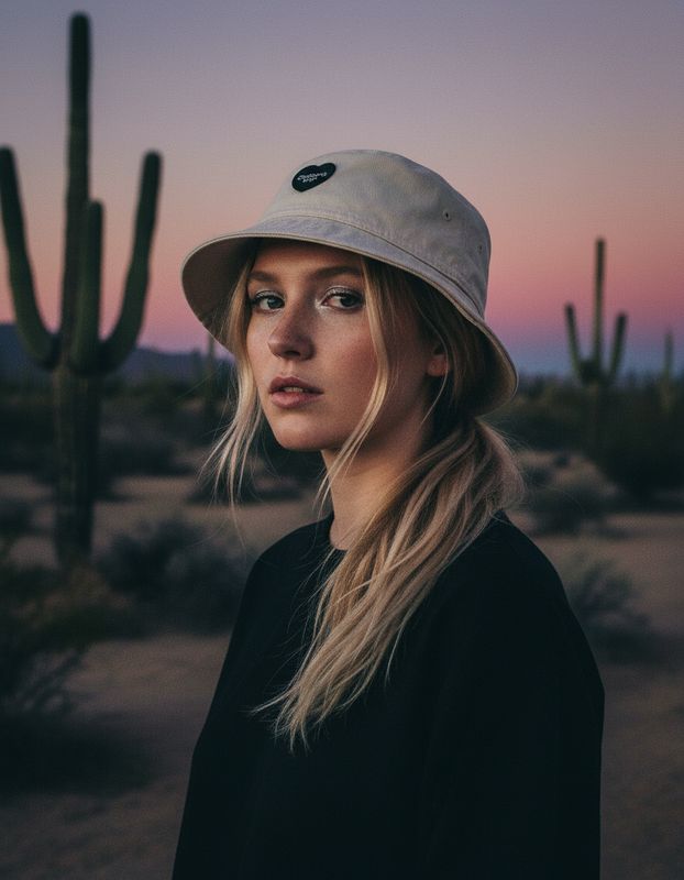a woman wearing a hat standing in front of a cactus