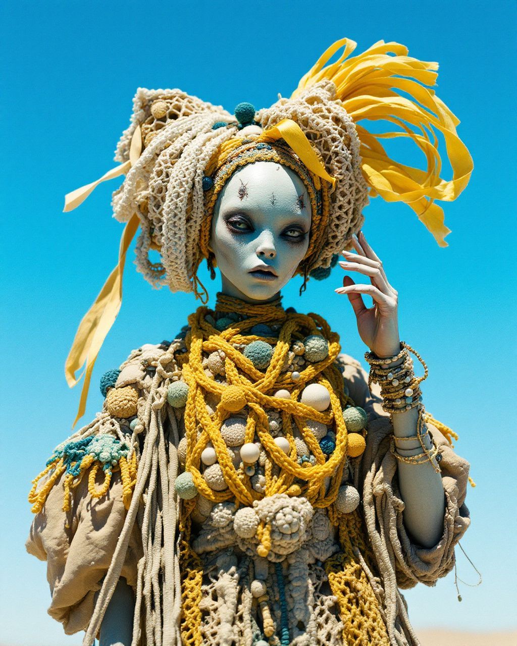 a woman in a costume made of beads and beads