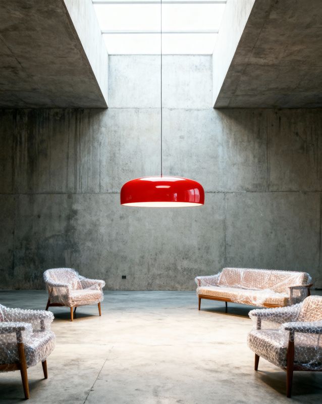 a room with several chairs and a lamp