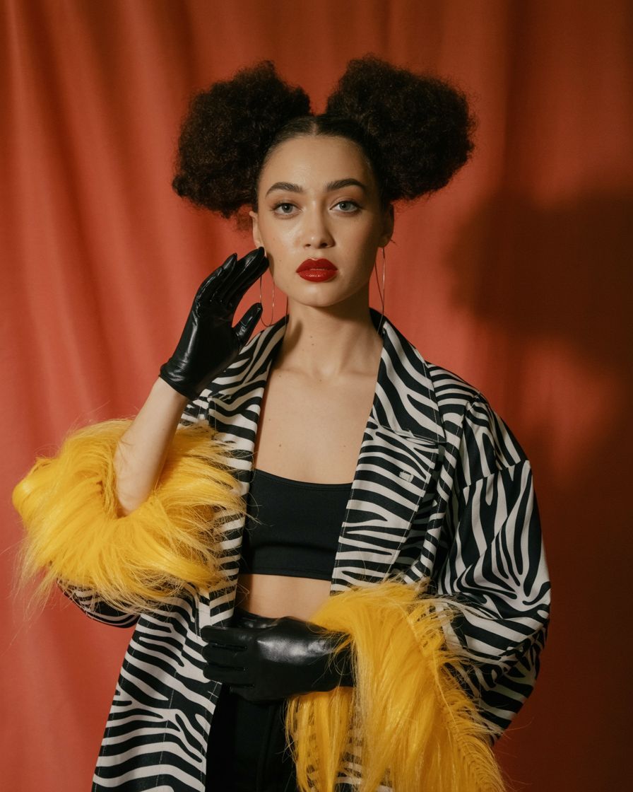 a woman in a zebra print jacket and black gloves