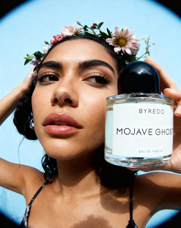 a woman holding a bottle of perfume in front of her face