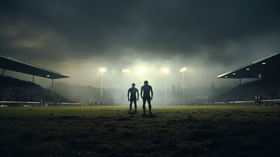 two men standing in the middle of a soccer field