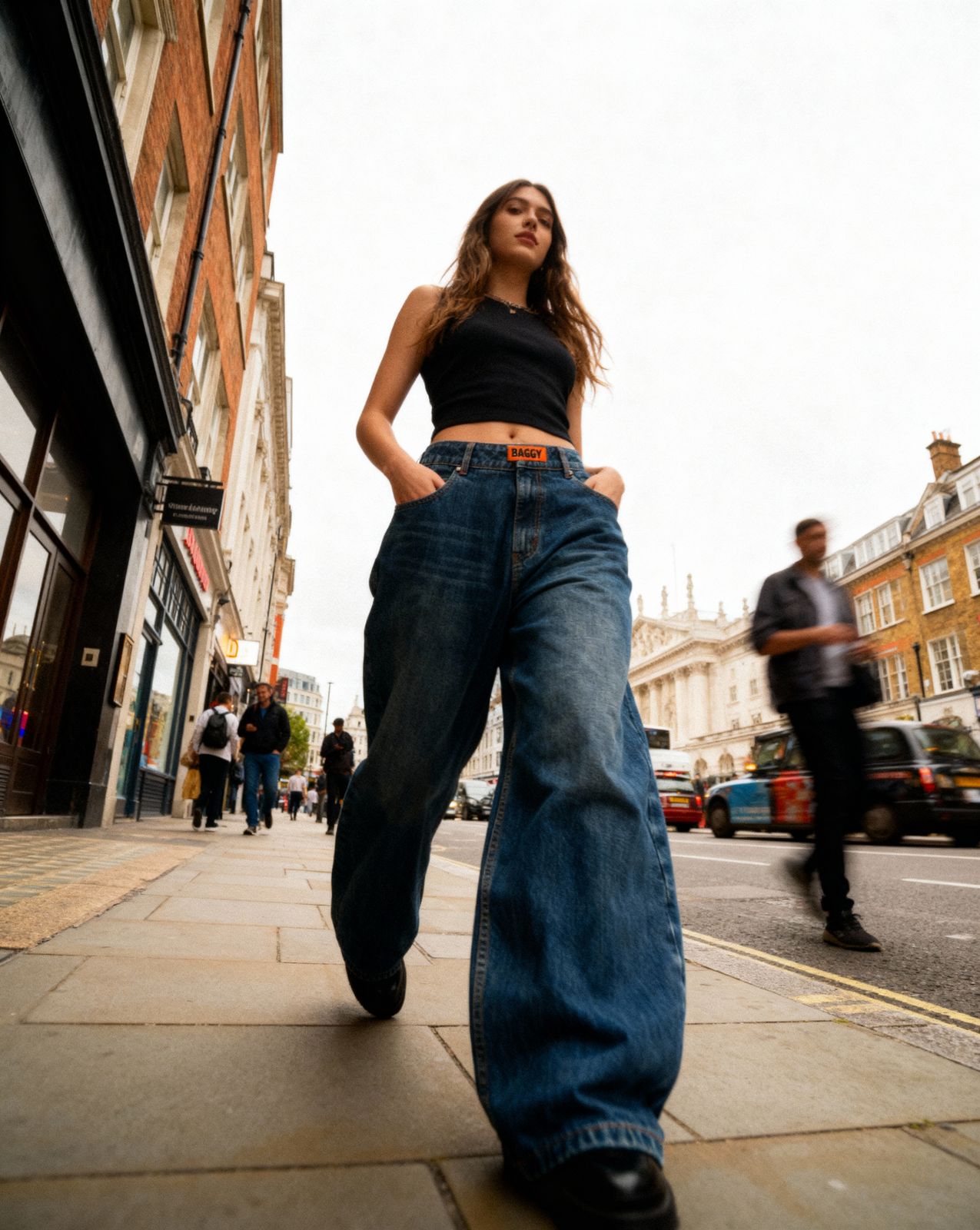 a woman walking down a sidewalk next to a tall building