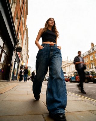 a woman walking down a sidewalk next to a tall building