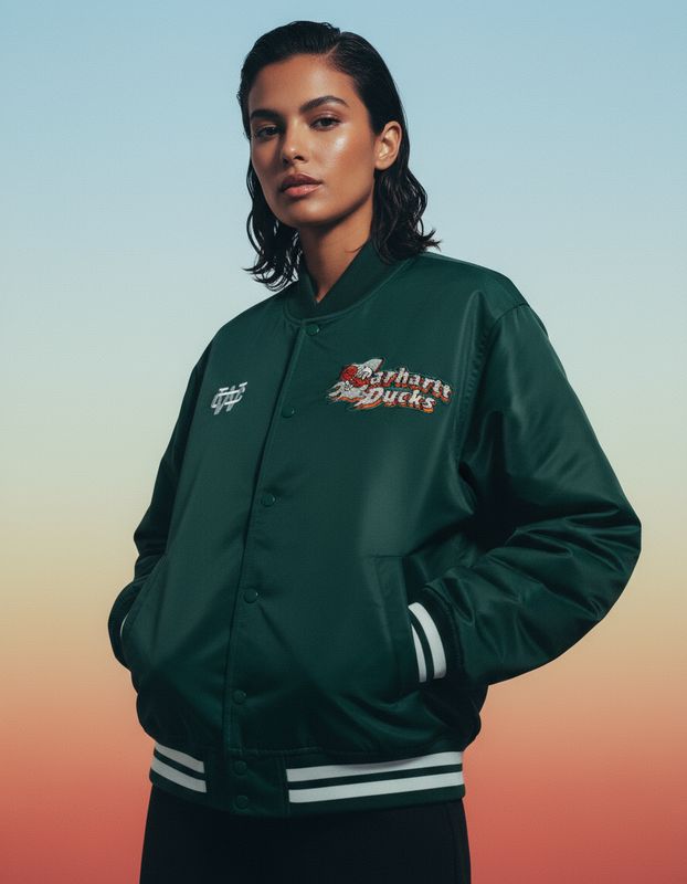 a woman wearing a green jacket and black pants