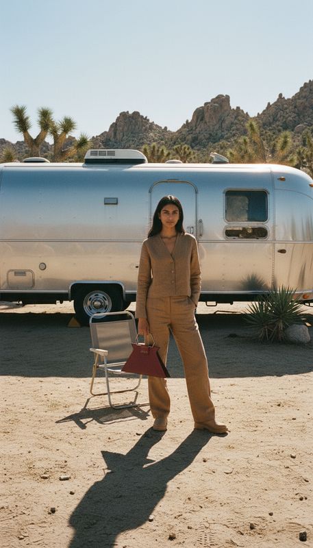 a woman standing in front of a silver airstream
