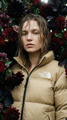a woman standing in front of a bunch of flowers