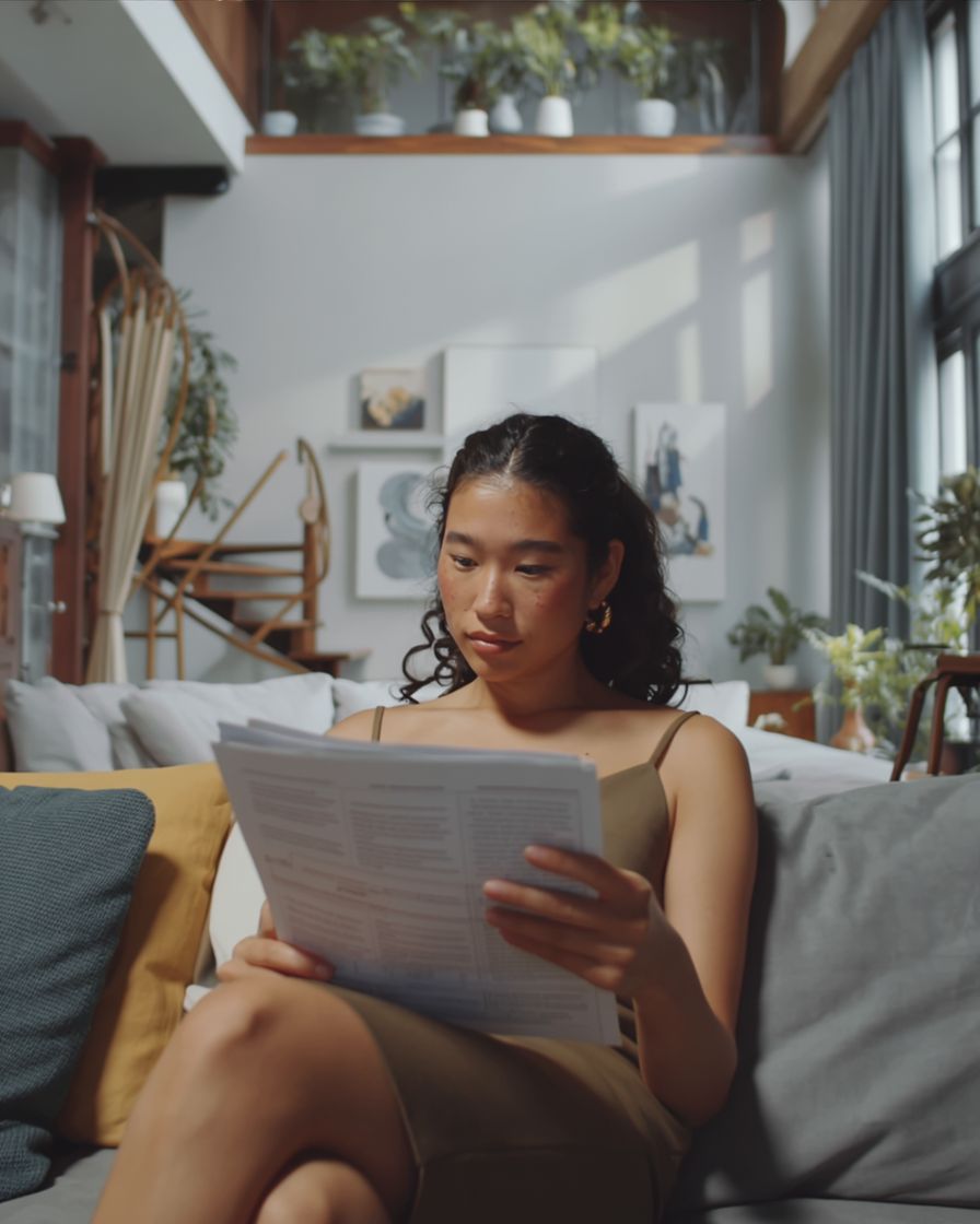 a woman sitting on a couch reading a paper