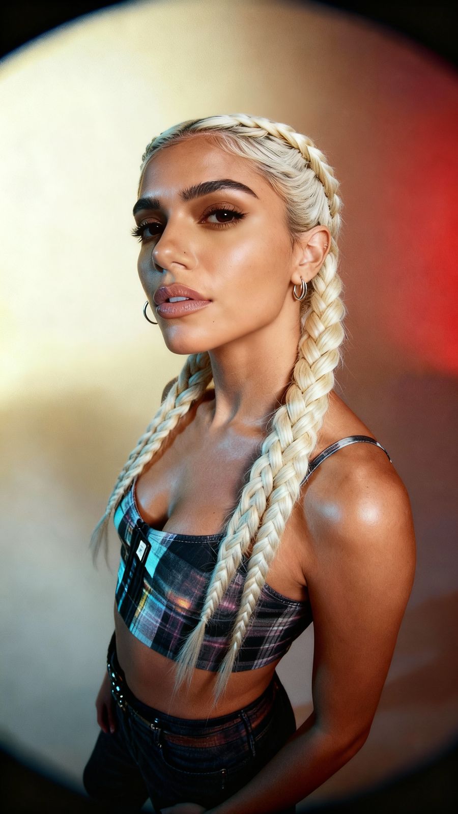 a woman with long blonde hair wearing a plaid top