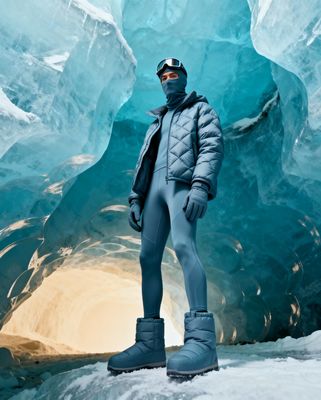 a man standing in front of an ice cave