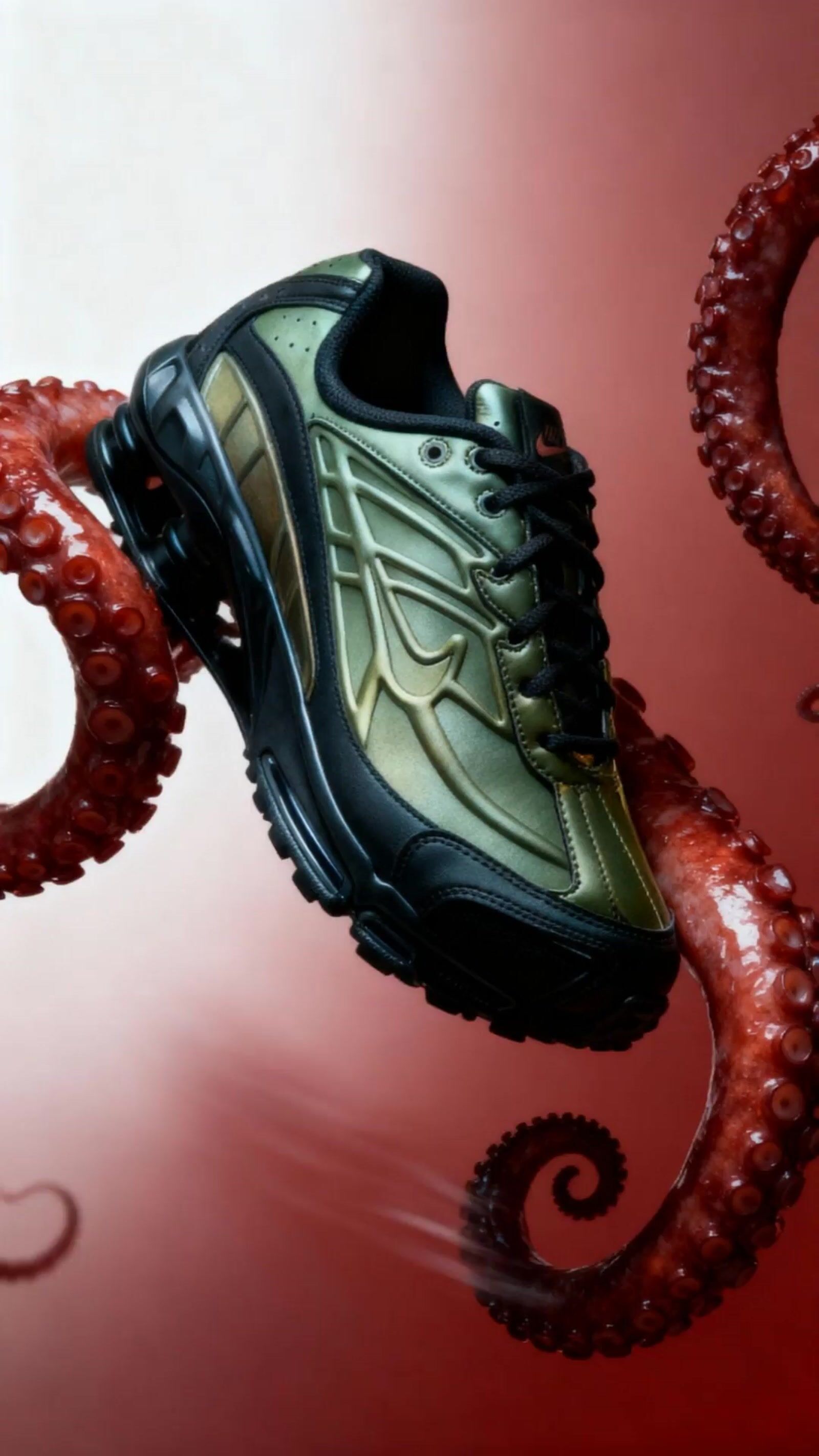 a pair of running shoes hanging from an octopus