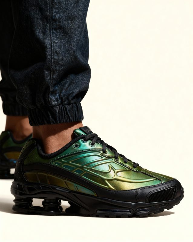 a close up of a person wearing black and green sneakers