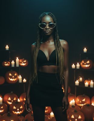 a woman in a black top and skirt standing in front of pumpkins