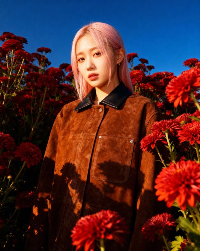 a woman with pink hair standing in a field of flowers