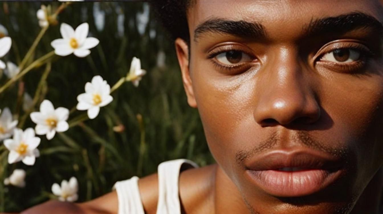 a close up of a person with flowers in the background