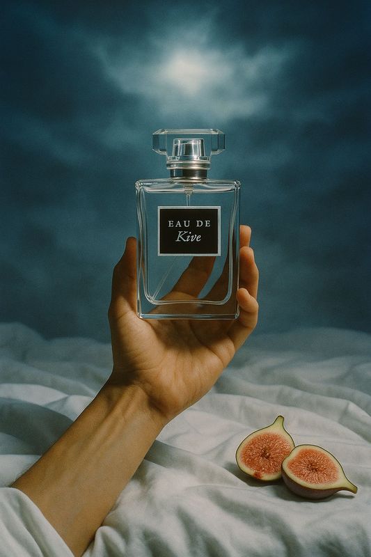 a painting of a hand holding a bottle of perfume