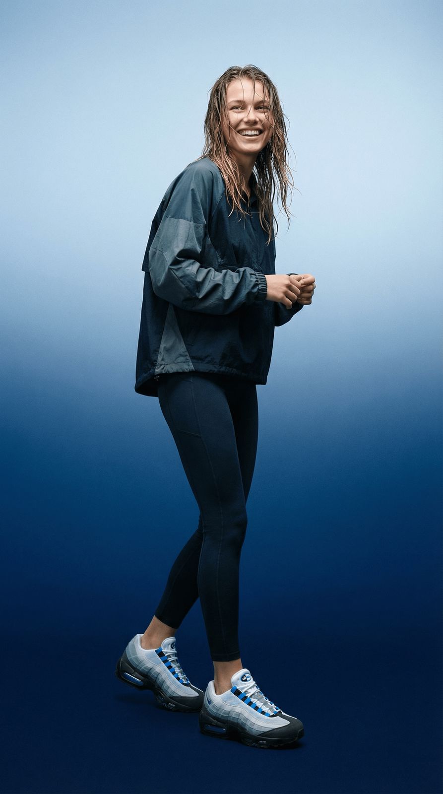 a woman with long hair and blue shoes