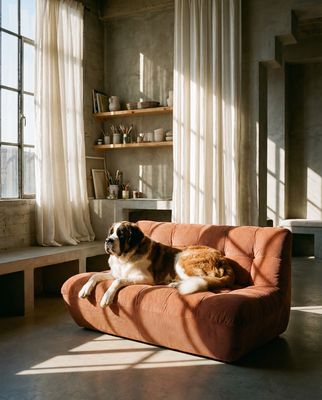 a dog laying on top of a couch in a living room