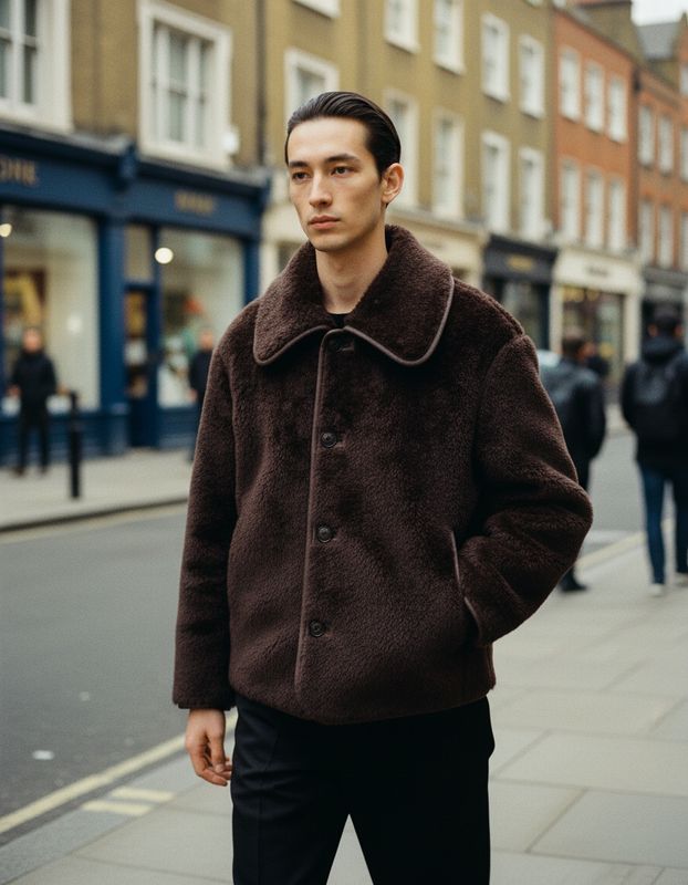 a man in a brown coat standing on a sidewalk