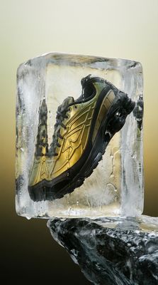 a pair of shoes sitting on top of an ice block