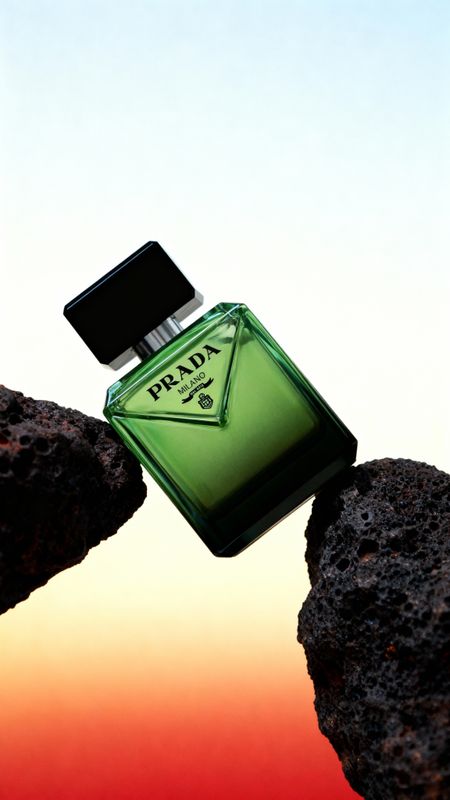 a bottle of perfume sitting on top of a rock