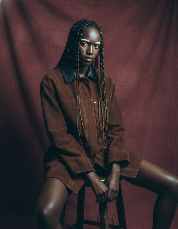 a woman sitting on top of a wooden stool