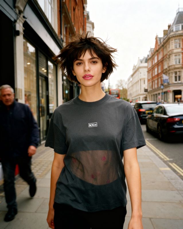 a woman walking down a street next to a tall building