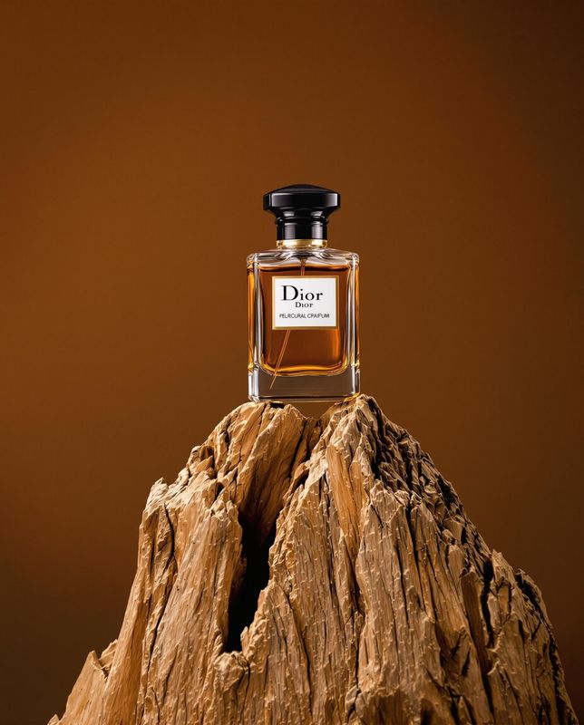 a bottle of perfume sitting on top of a rock