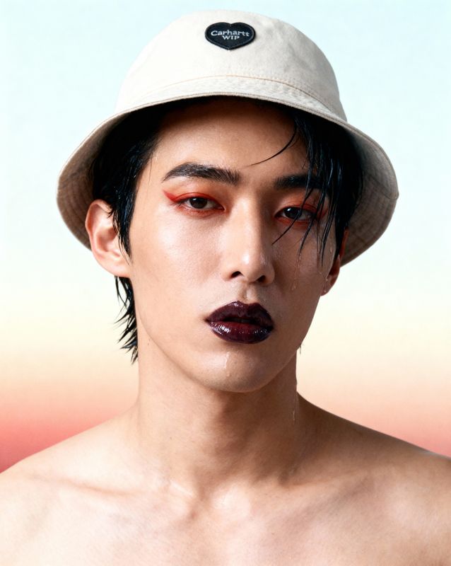 a man with a hat and lipstick on his face