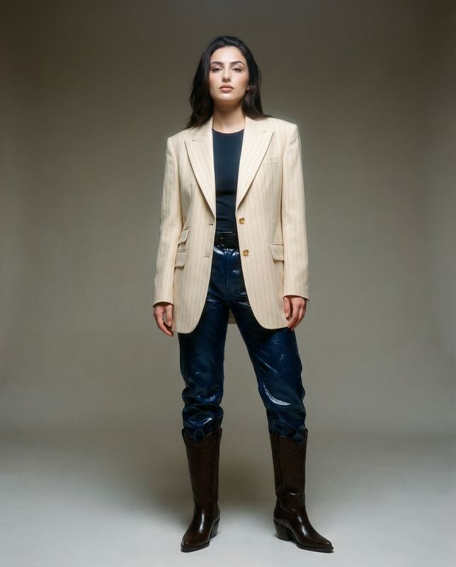 a woman in a white jacket and jeans