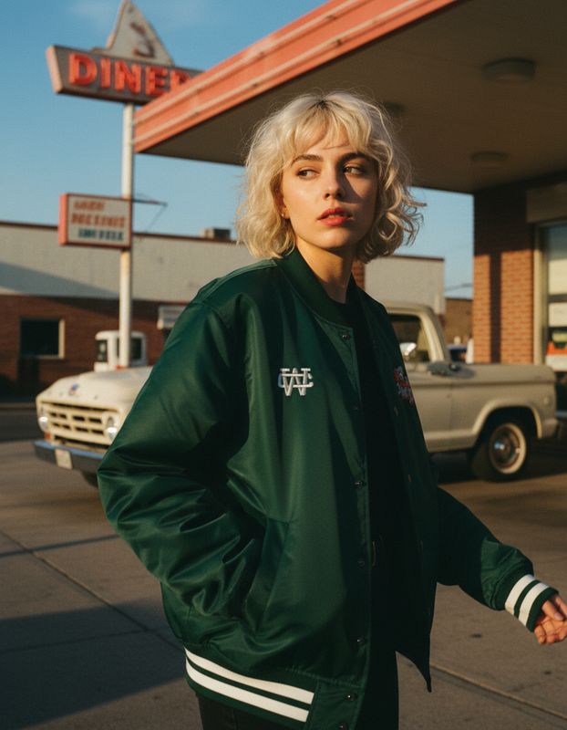 a woman in a green jacket standing in front of a diner