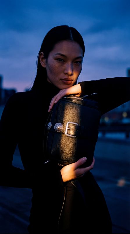 a woman in a black dress holding a black purse