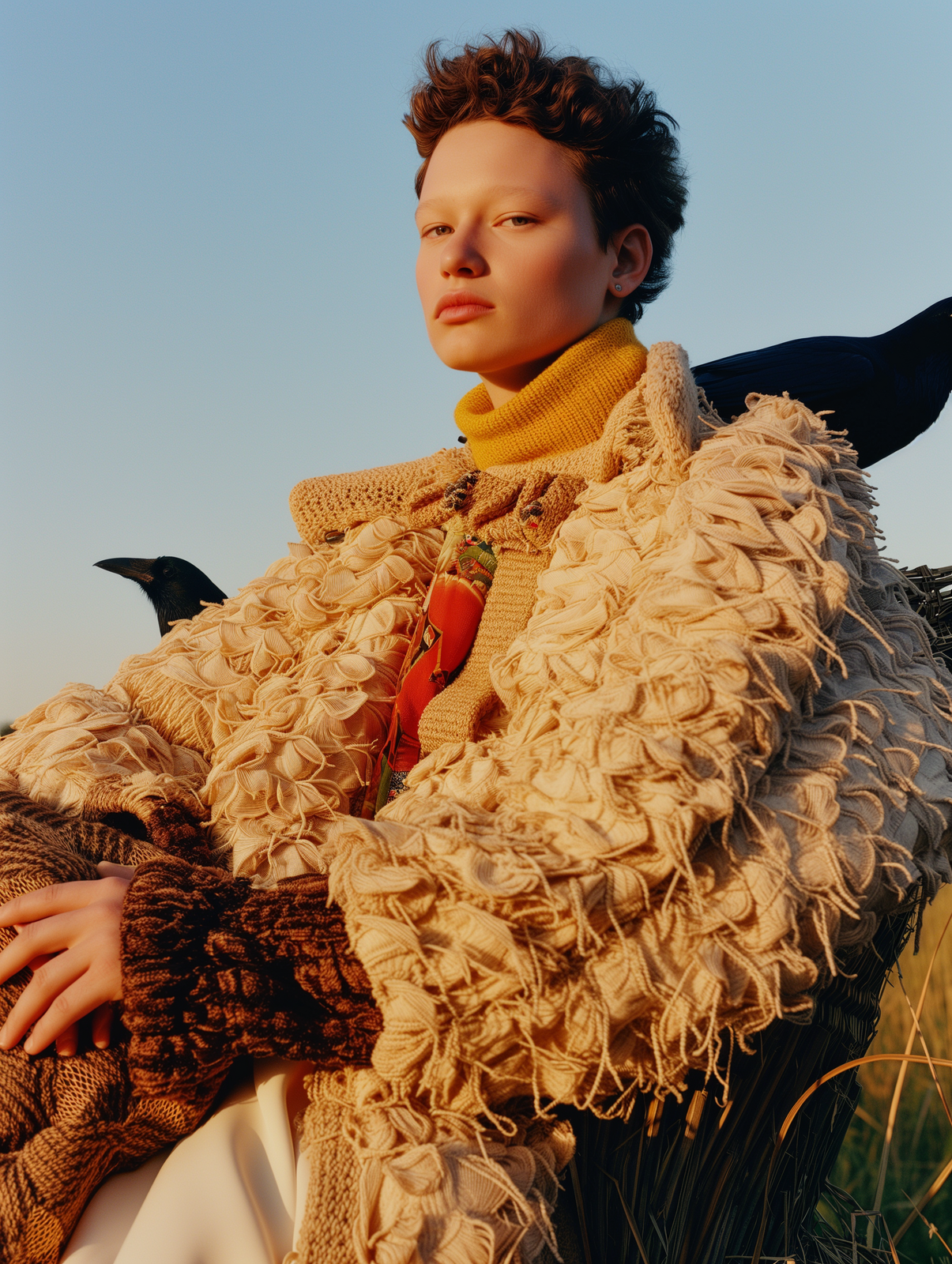 a woman sitting in a field with a bird on her shoulder