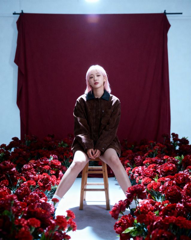 a woman sitting on a chair surrounded by flowers