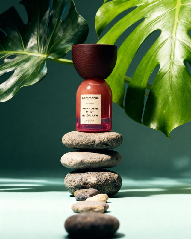 a bottle of perfume sitting on top of a pile of rocks